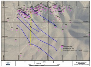 Map of Surface Fault Traces - Yellow line indicates North-South cross-section